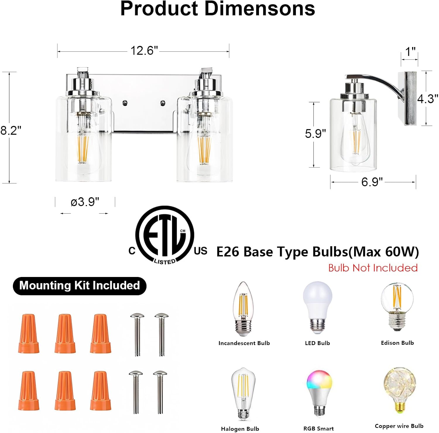 2-Light Bathroom Light Fixtures Modern Chrome Vanity Lights for Bathroom Lighting fixtures Over Mirror with Clear Glass Shade for Cabinet Mirror Bedroom Hallway - Image 2