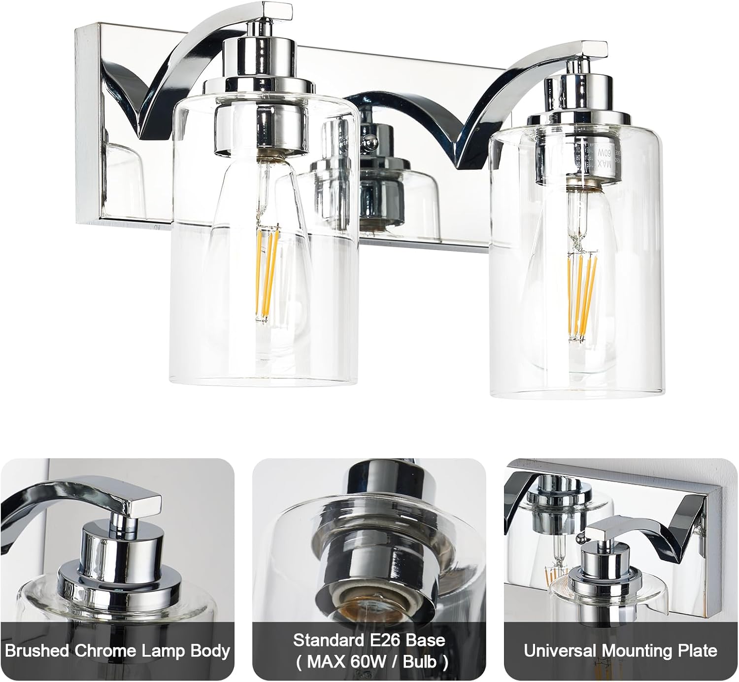 2-Light Bathroom Light Fixtures Modern Chrome Vanity Lights for Bathroom Lighting fixtures Over Mirror with Clear Glass Shade for Cabinet Mirror Bedroom Hallway - Image 3