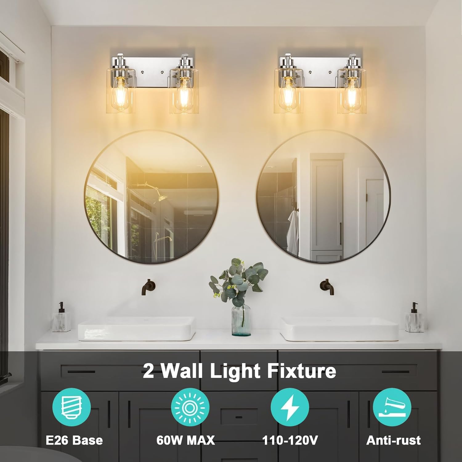 2-Light Bathroom Light Fixtures Modern Chrome Vanity Lights for Bathroom Lighting fixtures Over Mirror with Clear Glass Shade for Cabinet Mirror Bedroom Hallway - Image 6