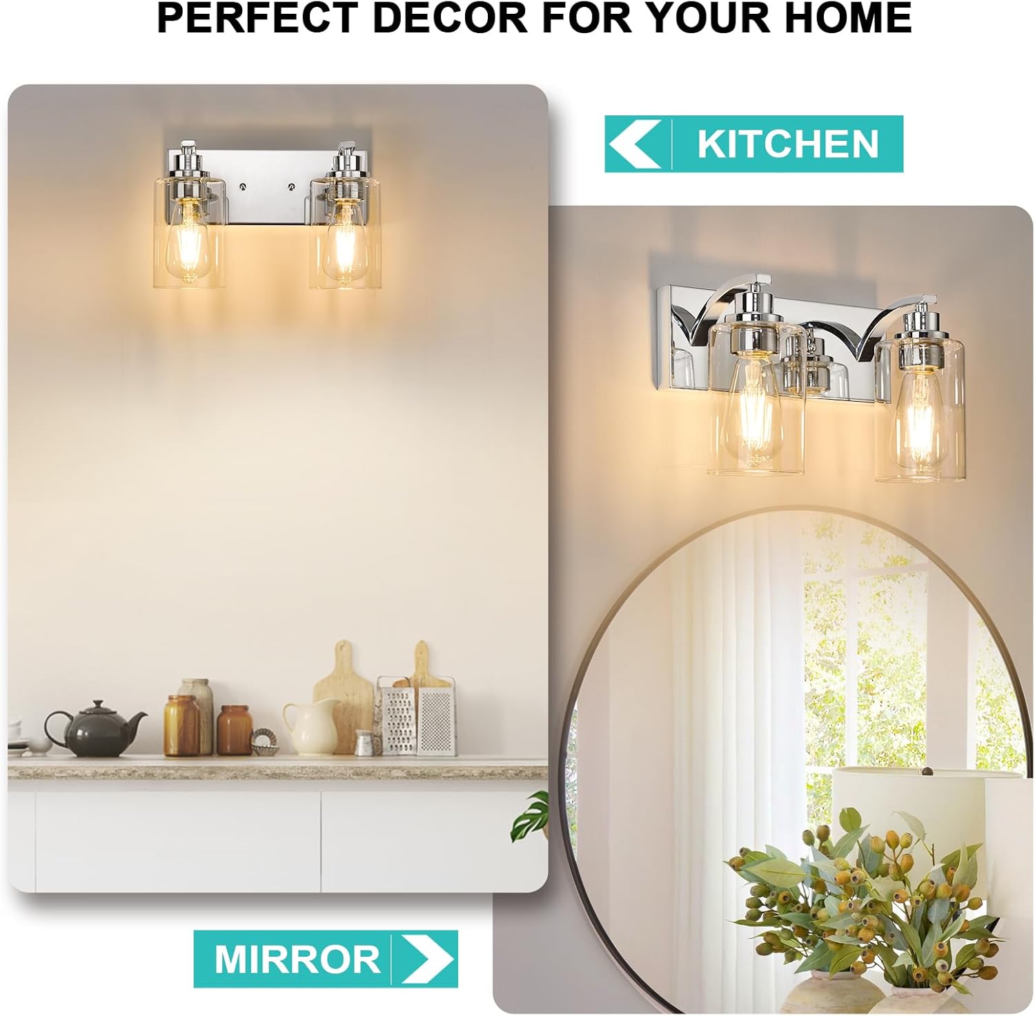 2-Light Bathroom Light Fixtures Modern Chrome Vanity Lights for Bathroom Lighting fixtures Over Mirror with Clear Glass Shade for Cabinet Mirror Bedroom Hallway - Image 9