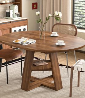 43.3in-59in Extendable Round Dining Table for 4-8,Modern Kitchen Oval Dining Table with Removable Leaves Space Saving,Wood Base with Storage Shelf for Kitchen Living Room (Walnut)