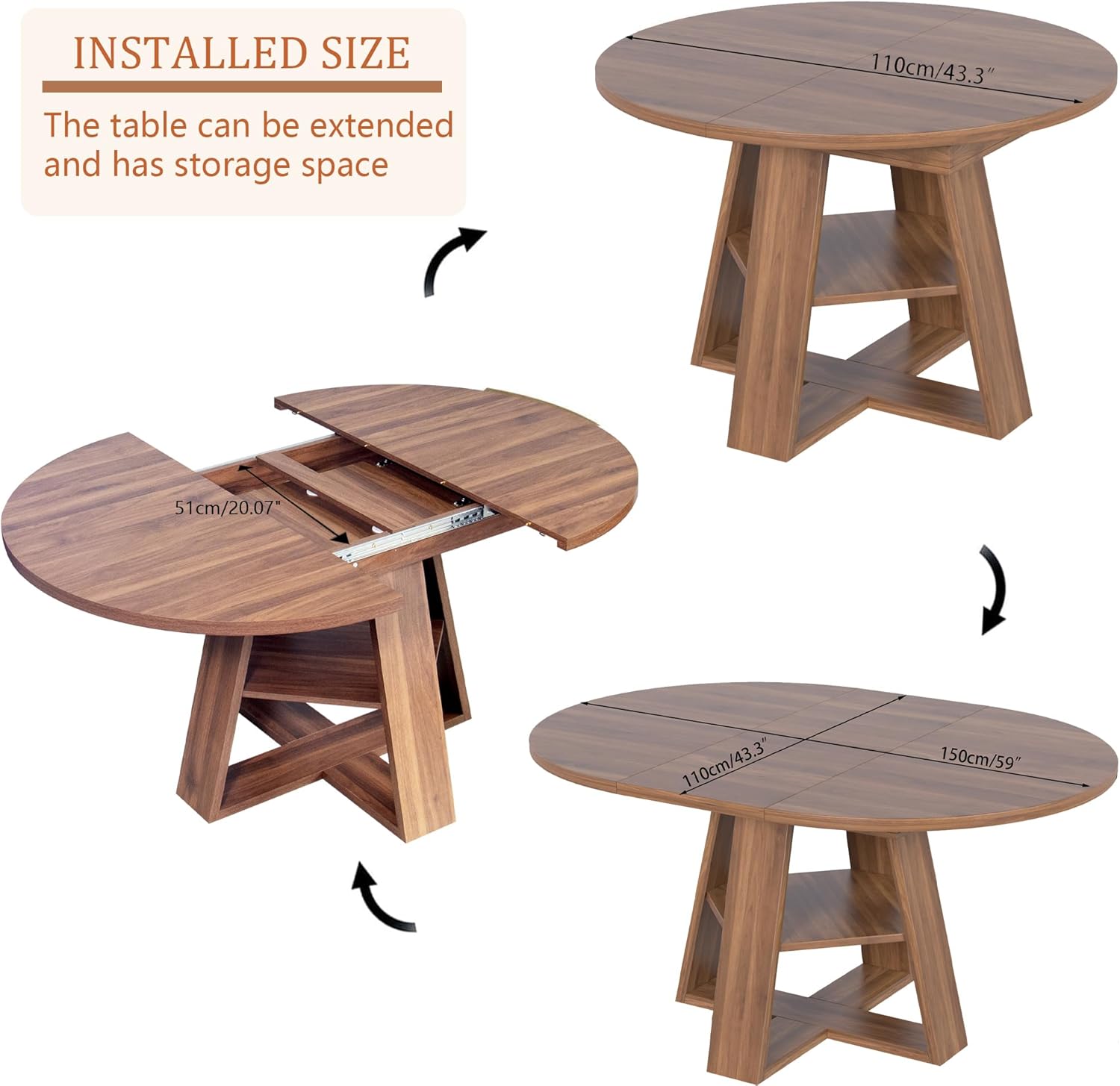 43.3in-59in Extendable Round Dining Table for 4-8,Modern Kitchen Oval Dining Table with Removable Leaves Space Saving,Wood Base with Storage Shelf for Kitchen Living Room (Walnut) - Image 3