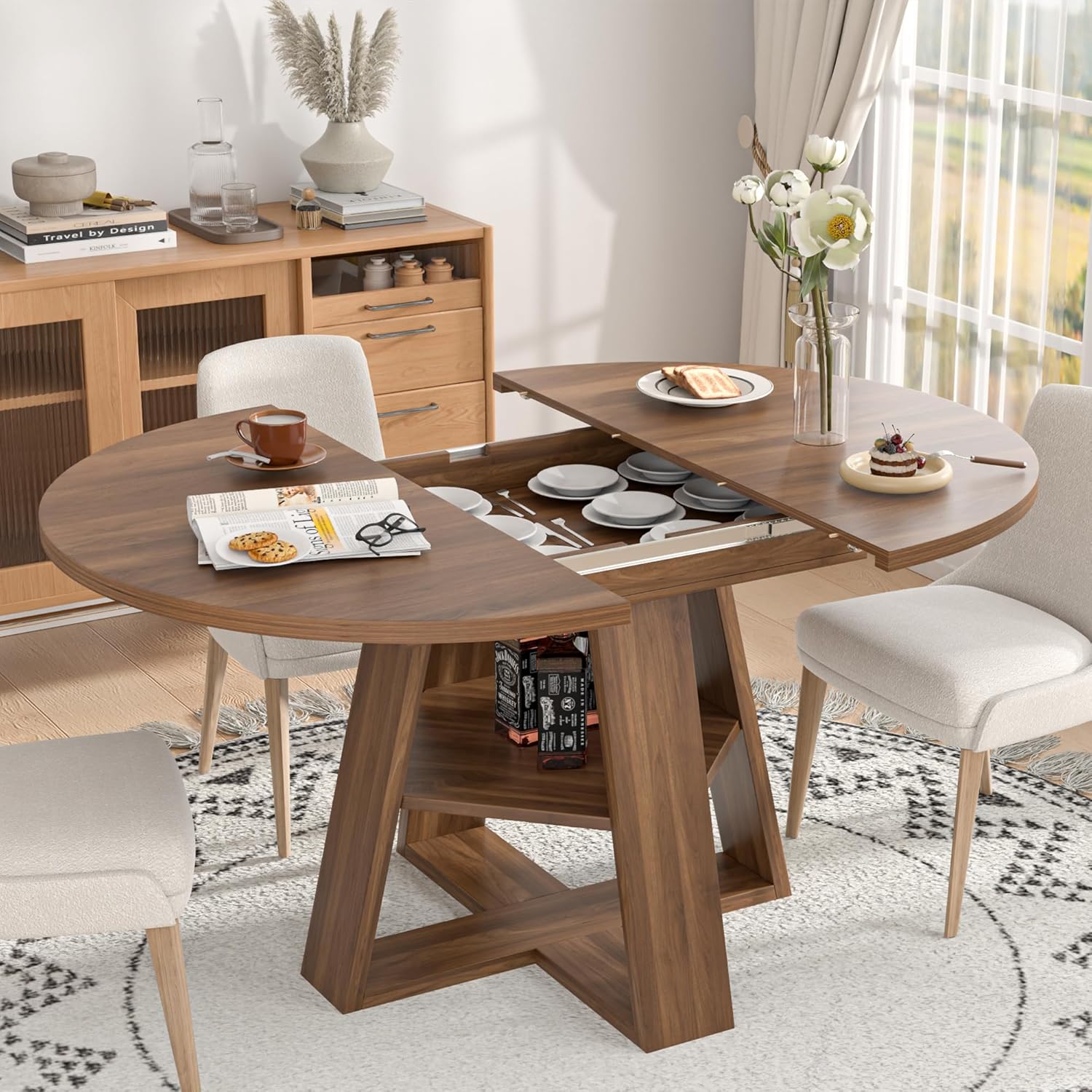 43.3in-59in Extendable Round Dining Table for 4-8,Modern Kitchen Oval Dining Table with Removable Leaves Space Saving,Wood Base with Storage Shelf for Kitchen Living Room (Walnut) - Image 4