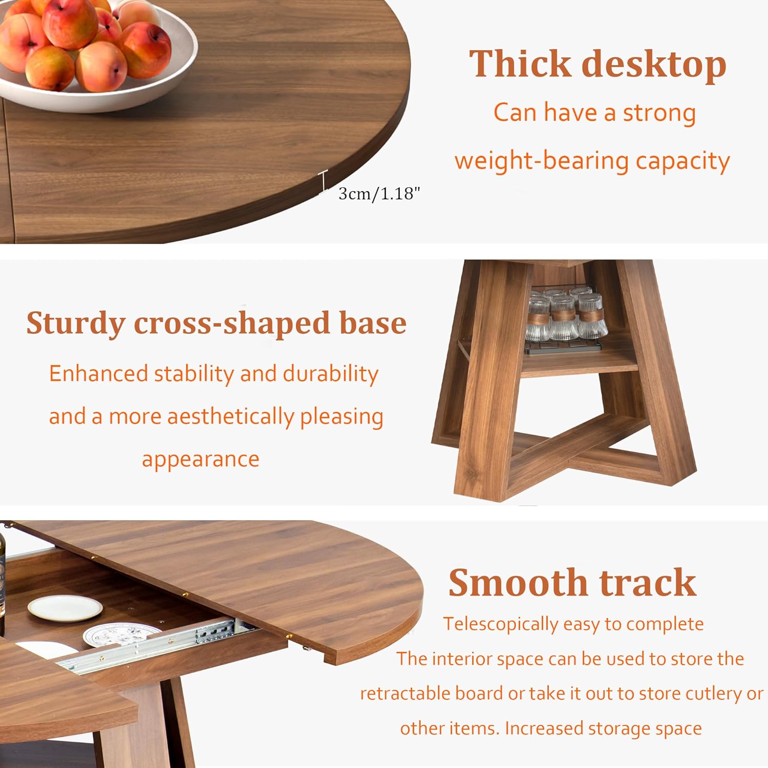 43.3in-59in Extendable Round Dining Table for 4-8,Modern Kitchen Oval Dining Table with Removable Leaves Space Saving,Wood Base with Storage Shelf for Kitchen Living Room (Walnut) - Image 7