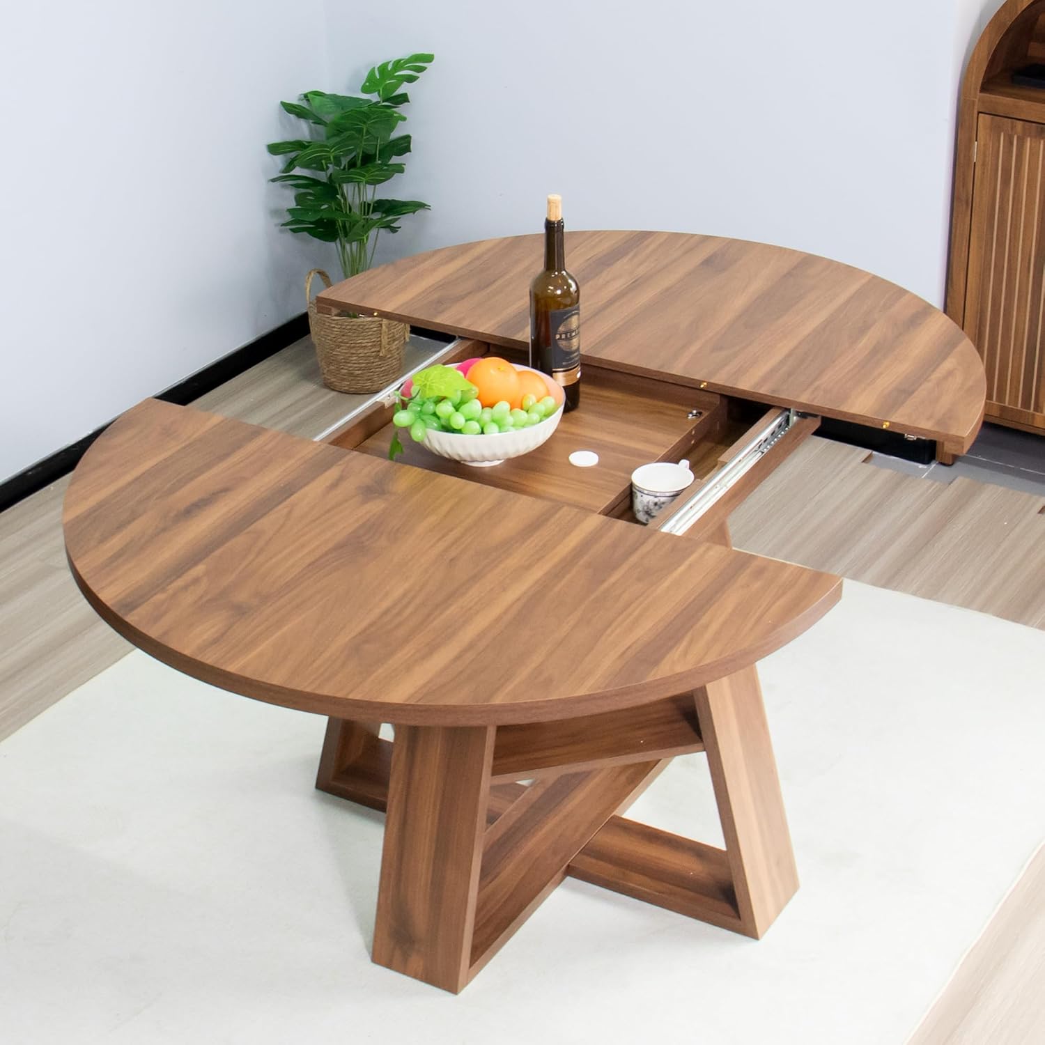 43.3in-59in Extendable Round Dining Table for 4-8,Modern Kitchen Oval Dining Table with Removable Leaves Space Saving,Wood Base with Storage Shelf for Kitchen Living Room (Walnut) - Image 9