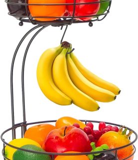 Auledio 2-Tier Countertop Fruit Vegetables Basket Bowl Storage With Banana Hanger, Brone (1)