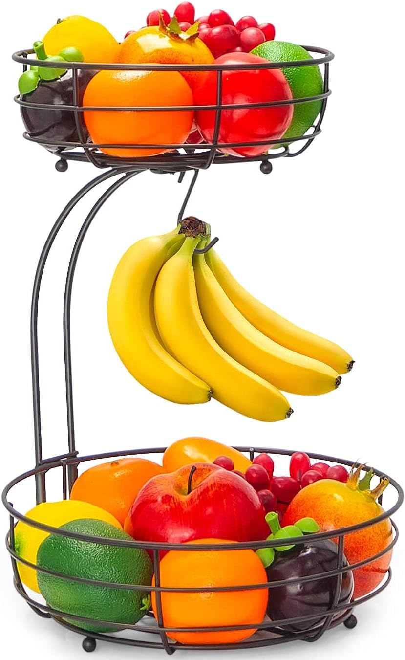 Auledio 2-Tier Countertop Fruit Vegetables Basket Bowl Storage With Banana Hanger, Brone (1)
