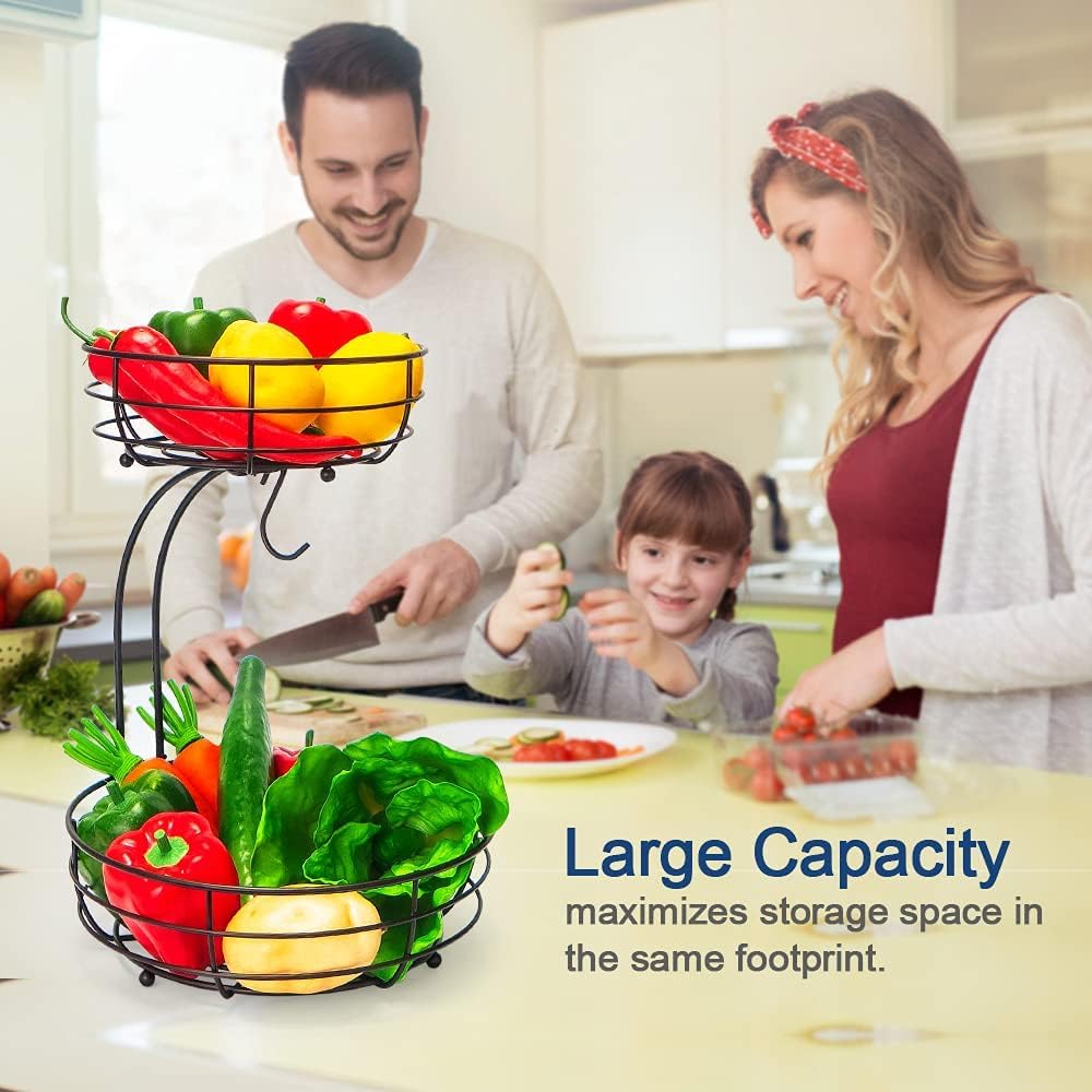 Auledio 2-Tier Countertop Fruit Vegetables Basket Bowl Storage With Banana Hanger, Brone (1) - Image 2