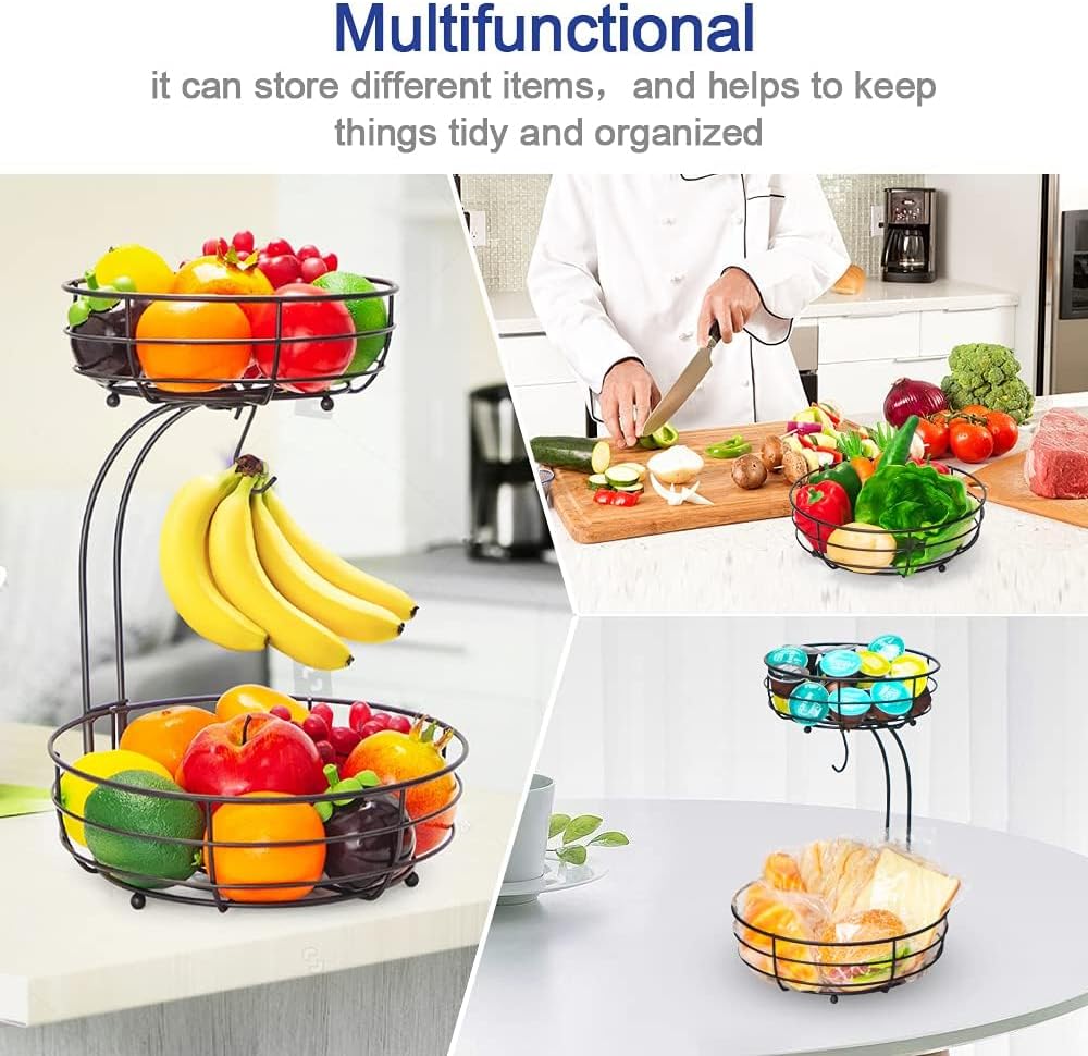 Auledio 2-Tier Countertop Fruit Vegetables Basket Bowl Storage With Banana Hanger, Brone (1) - Image 6