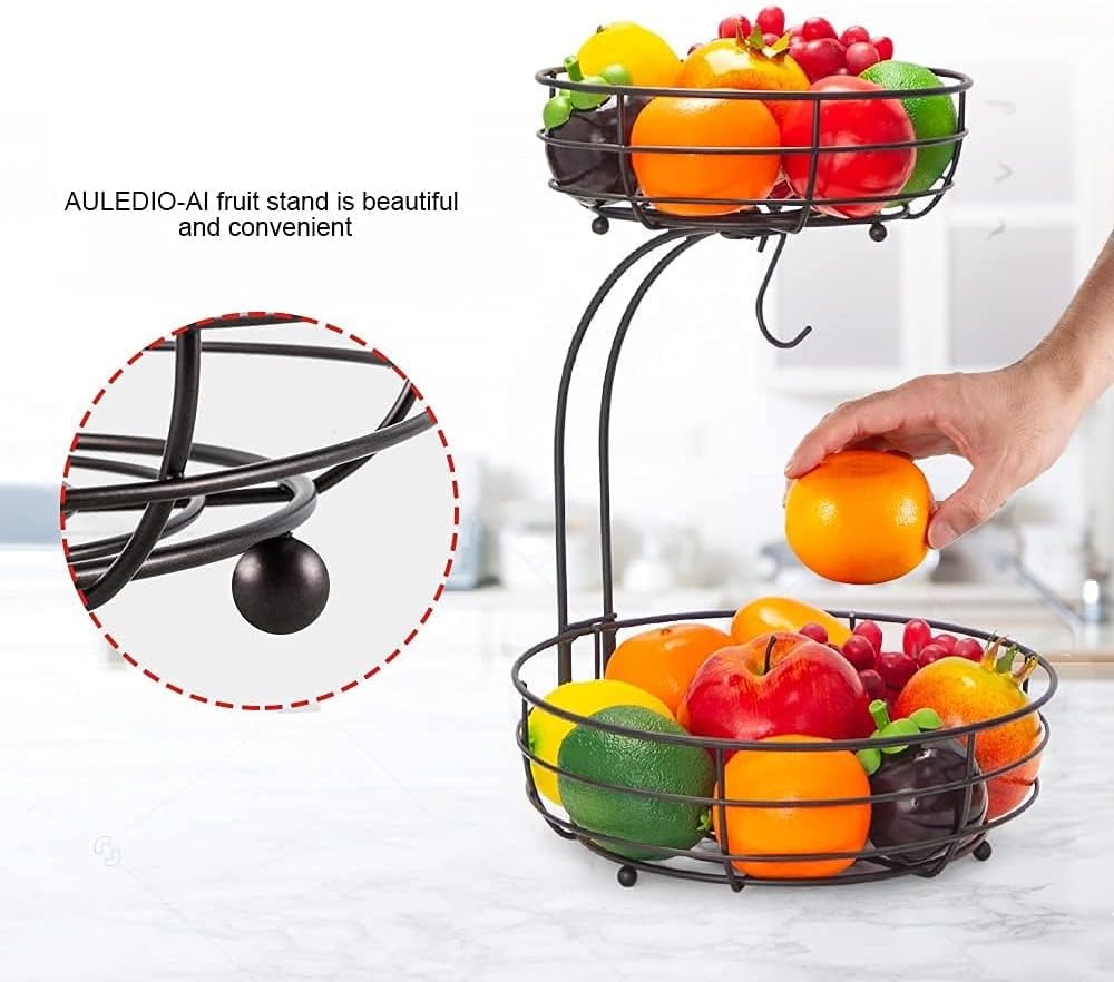 Auledio 2-Tier Countertop Fruit Vegetables Basket Bowl Storage With Banana Hanger, Brone (1) - Image 7