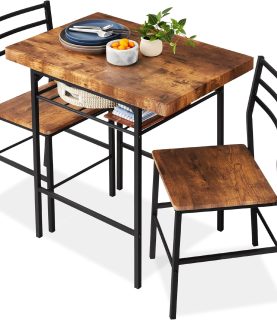Best Choice Products 3-Piece Modern Dining Set, Space Saving Dinette for Kitchen, Dining Room, Small Space w/Steel Frame, Built-in Storage Rack - Brown