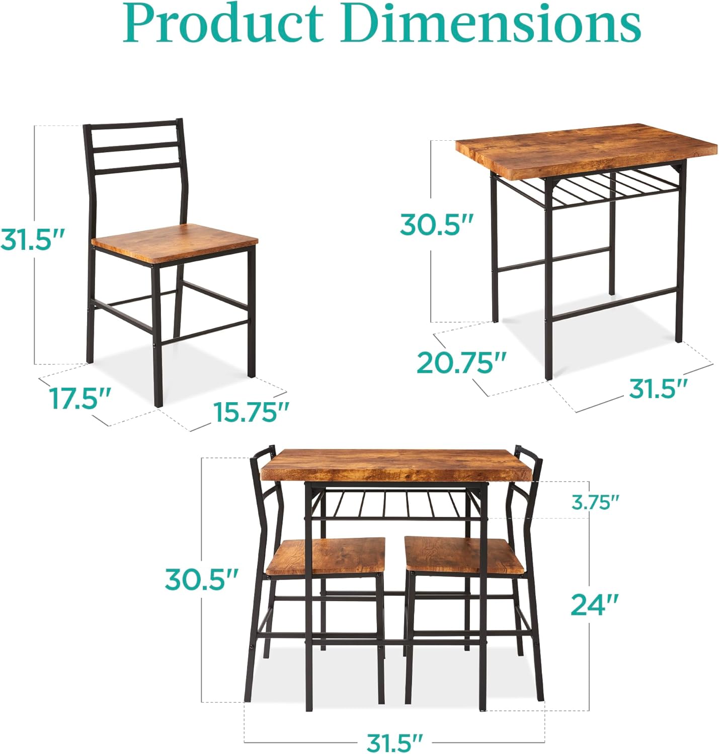 Best Choice Products 3-Piece Modern Dining Set, Space Saving Dinette for Kitchen, Dining Room, Small Space w/Steel Frame, Built-in Storage Rack - Brown - Image 2