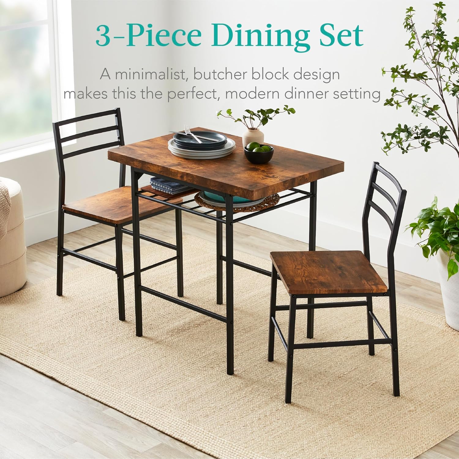 Best Choice Products 3-Piece Modern Dining Set, Space Saving Dinette for Kitchen, Dining Room, Small Space w/Steel Frame, Built-in Storage Rack - Brown - Image 5