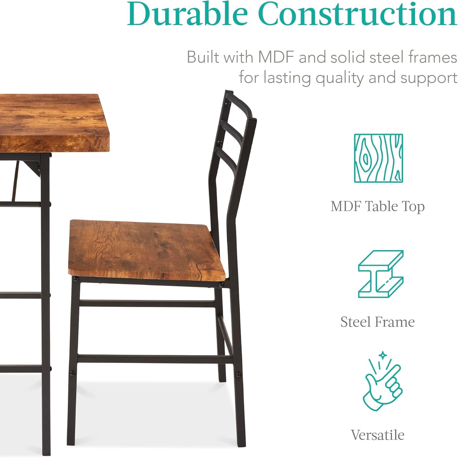 Best Choice Products 3-Piece Modern Dining Set, Space Saving Dinette for Kitchen, Dining Room, Small Space w/Steel Frame, Built-in Storage Rack - Brown - Image 6