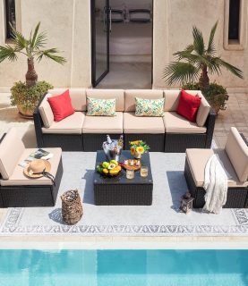 Devoko 7 Pieces Outdoor Sectional Sofa Patio Furniture Sets Manual Weaving Wicker Rattan Patio Conversation Sets with Cushion and Glass Table (Beige)