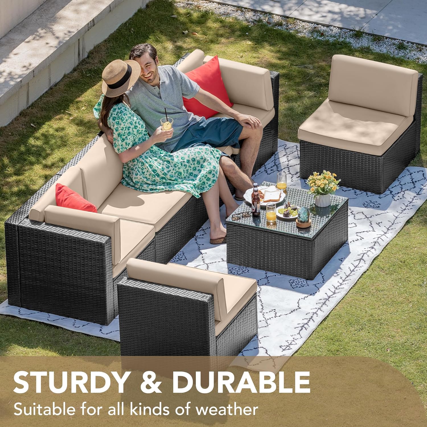 Devoko 7 Pieces Outdoor Sectional Sofa Patio Furniture Sets Manual Weaving Wicker Rattan Patio Conversation Sets with Cushion and Glass Table (Beige) - Image 2