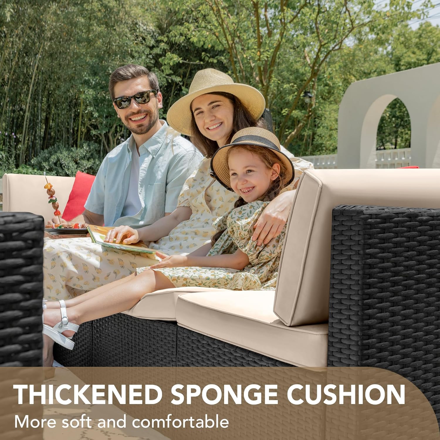 Devoko 7 Pieces Outdoor Sectional Sofa Patio Furniture Sets Manual Weaving Wicker Rattan Patio Conversation Sets with Cushion and Glass Table (Beige) - Image 8