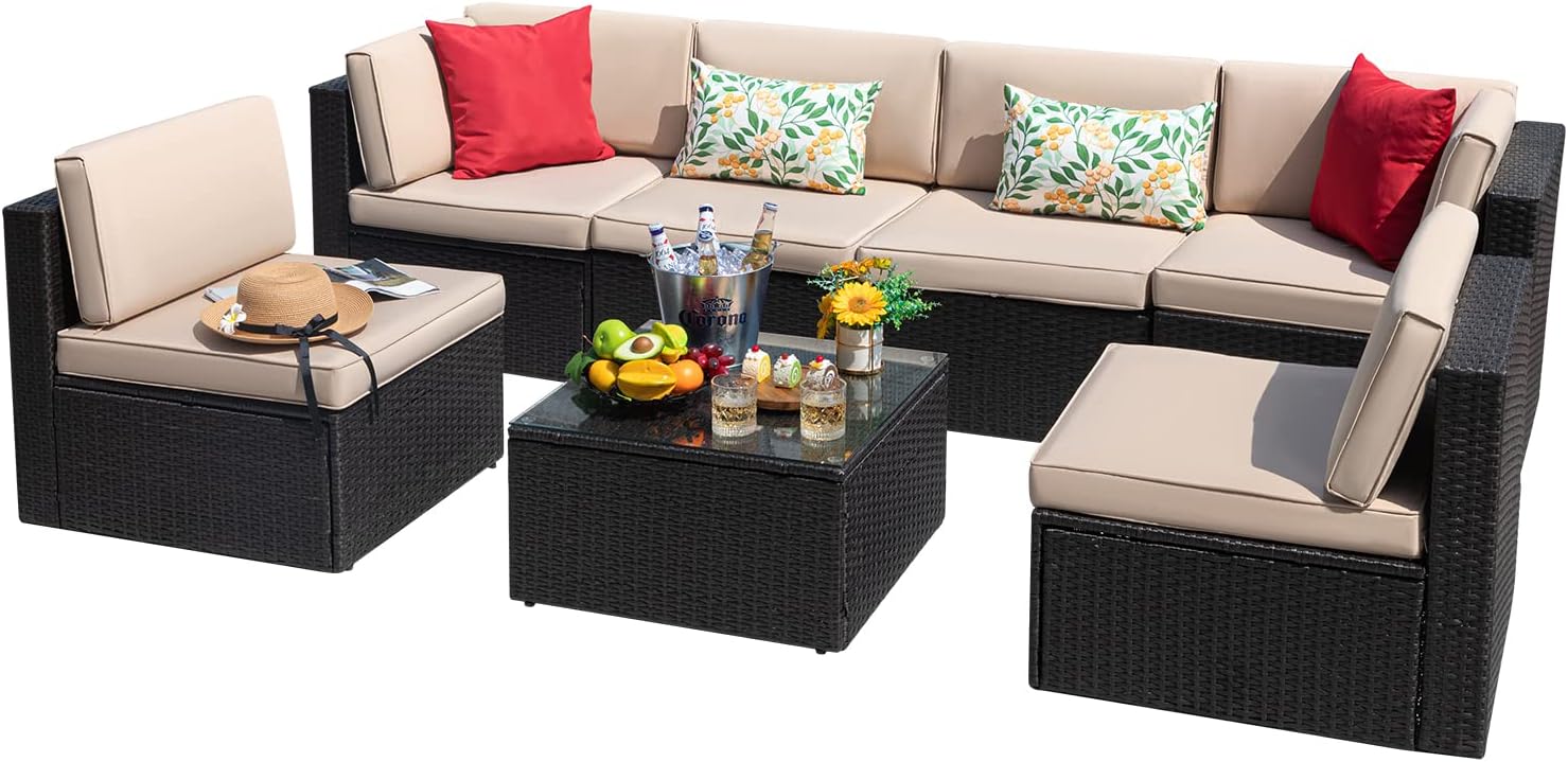 Devoko 7 Pieces Outdoor Sectional Sofa Patio Furniture Sets Manual Weaving Wicker Rattan Patio Conversation Sets with Cushion and Glass Table (Beige) - Image 9