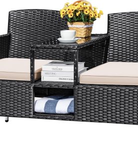 Devoko Outdoor Patio Loveseat Modern Rattan 2-Seat Patio Conversation Set with Cushions & Built-in Coffee Table Porch Furniture for Garden Lawn Backyard (Beige)