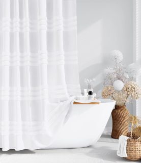 White Fabric Shower Curtain, Tufted Chenille Striped Textured Cloth Shower Curtain for Bathroom, Modern Farmhouse Shabby Chic Waterproof Shower Curtain Set with Hook, Machine Washable, 72x72