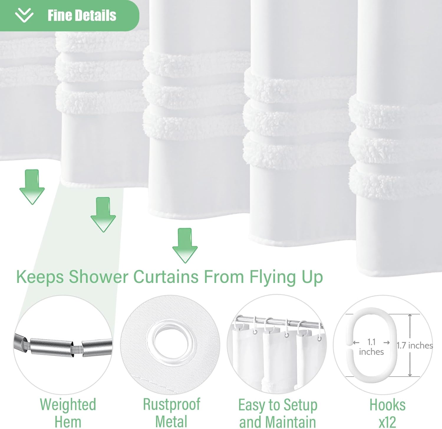 White Fabric Shower Curtain, Tufted Chenille Striped Textured Cloth Shower Curtain for Bathroom, Modern Farmhouse Shabby Chic Waterproof Shower Curtain Set with Hook, Machine Washable, 72x72 - Image 4