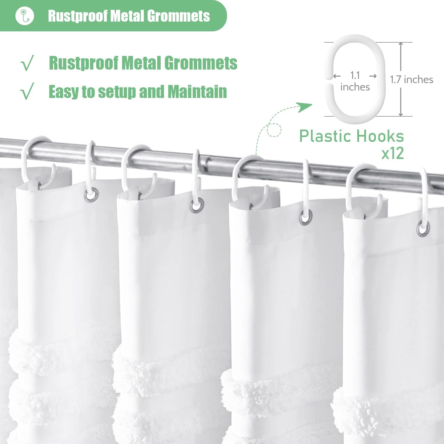 White Fabric Shower Curtain, Tufted Chenille Striped Textured Cloth Shower Curtain for Bathroom, Modern Farmhouse Shabby Chic Waterproof Shower Curtain Set with Hook, Machine Washable, 72x72 - Image 5