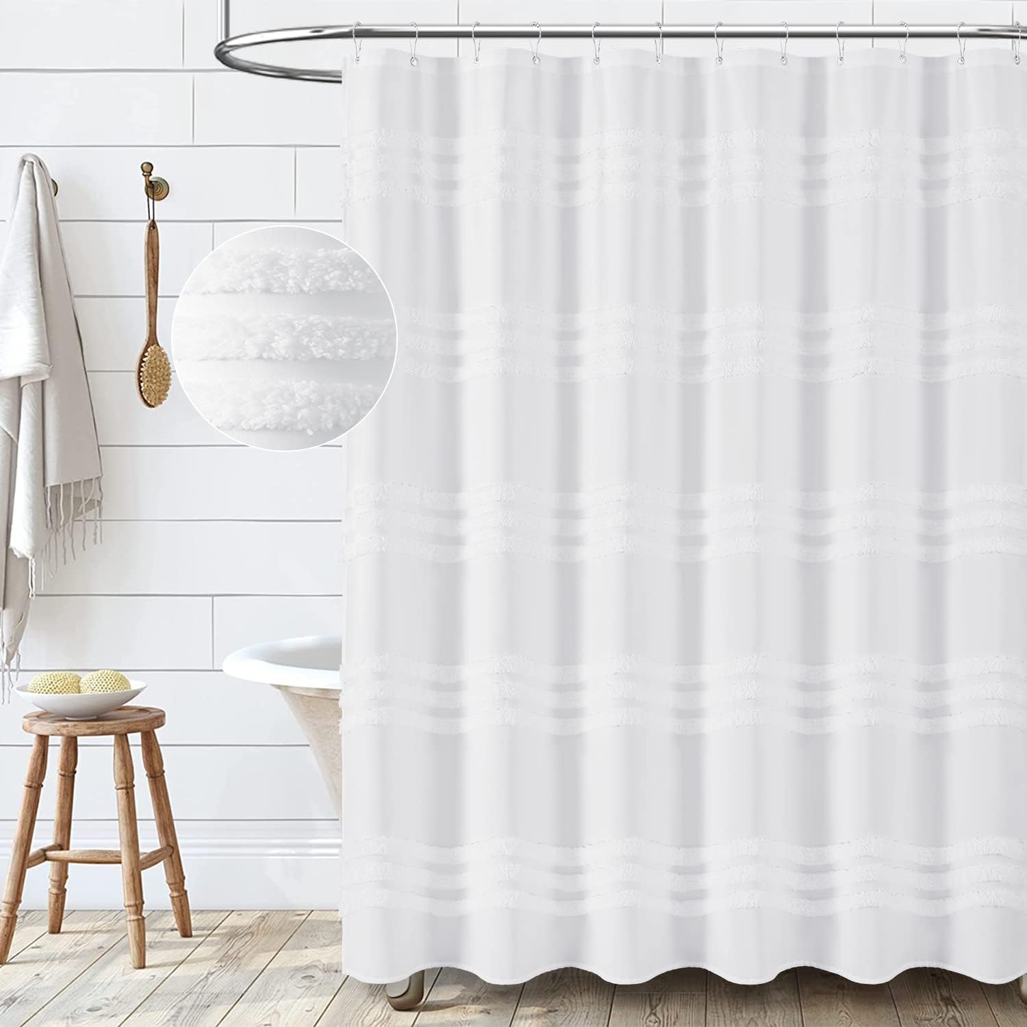 White Fabric Shower Curtain, Tufted Chenille Striped Textured Cloth Shower Curtain for Bathroom, Modern Farmhouse Shabby Chic Waterproof Shower Curtain Set with Hook, Machine Washable, 72x72 - Image 6