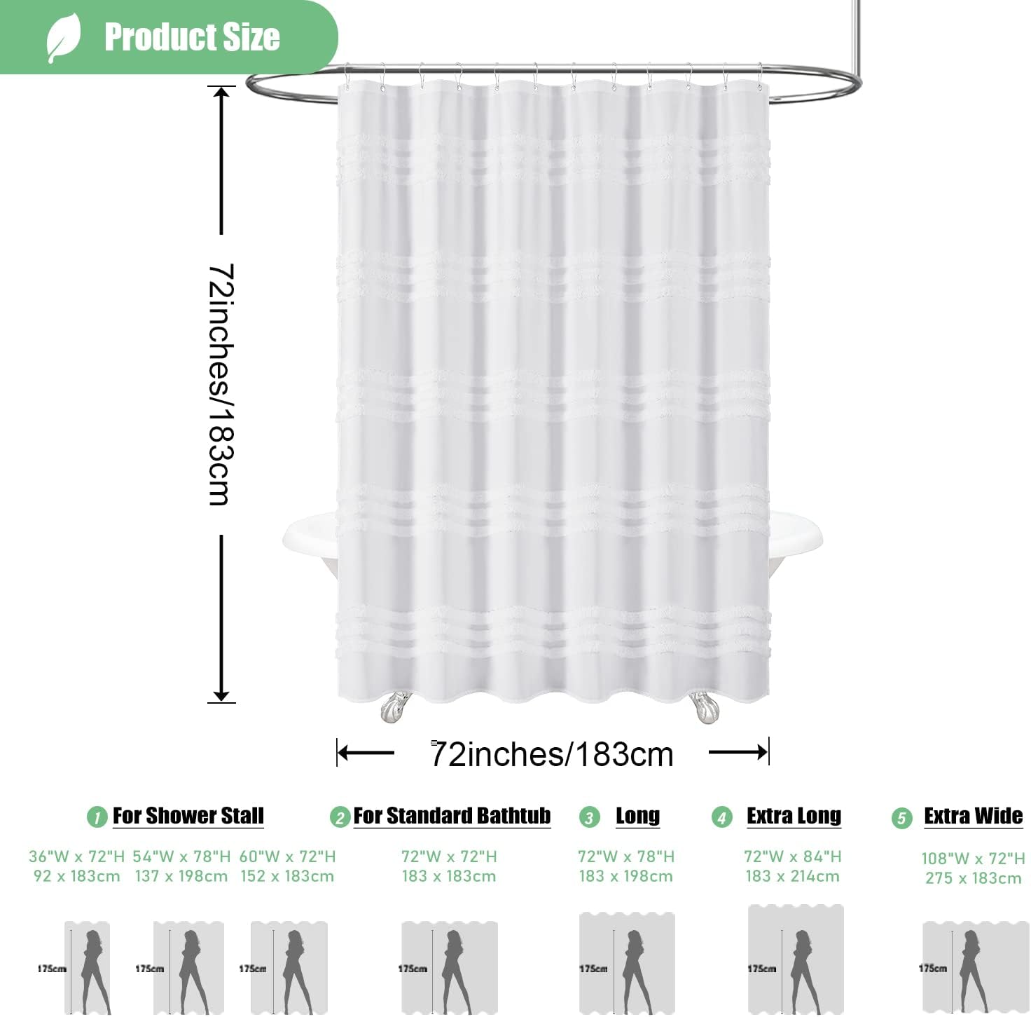 White Fabric Shower Curtain, Tufted Chenille Striped Textured Cloth Shower Curtain for Bathroom, Modern Farmhouse Shabby Chic Waterproof Shower Curtain Set with Hook, Machine Washable, 72x72 - Image 7