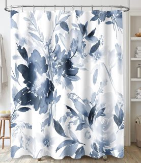 Extra Long Shower Curtain 72 x 84 Inch, Tall Watercolor Floral Fabric Shower Curtain, Modern Abstract Navy Blue Flower Bathroom Shower Curtain Set with Hooks