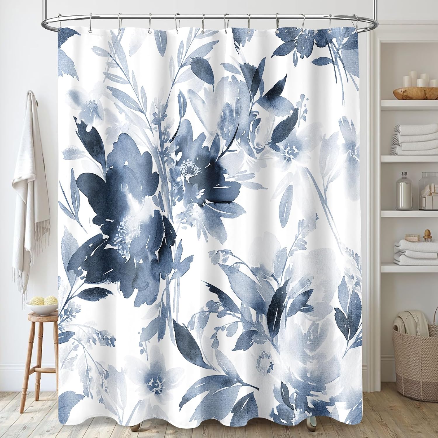 Extra Long Shower Curtain 72 x 84 Inch, Tall Watercolor Floral Fabric Shower Curtain, Modern Abstract Navy Blue Flower Bathroom Shower Curtain Set with Hooks