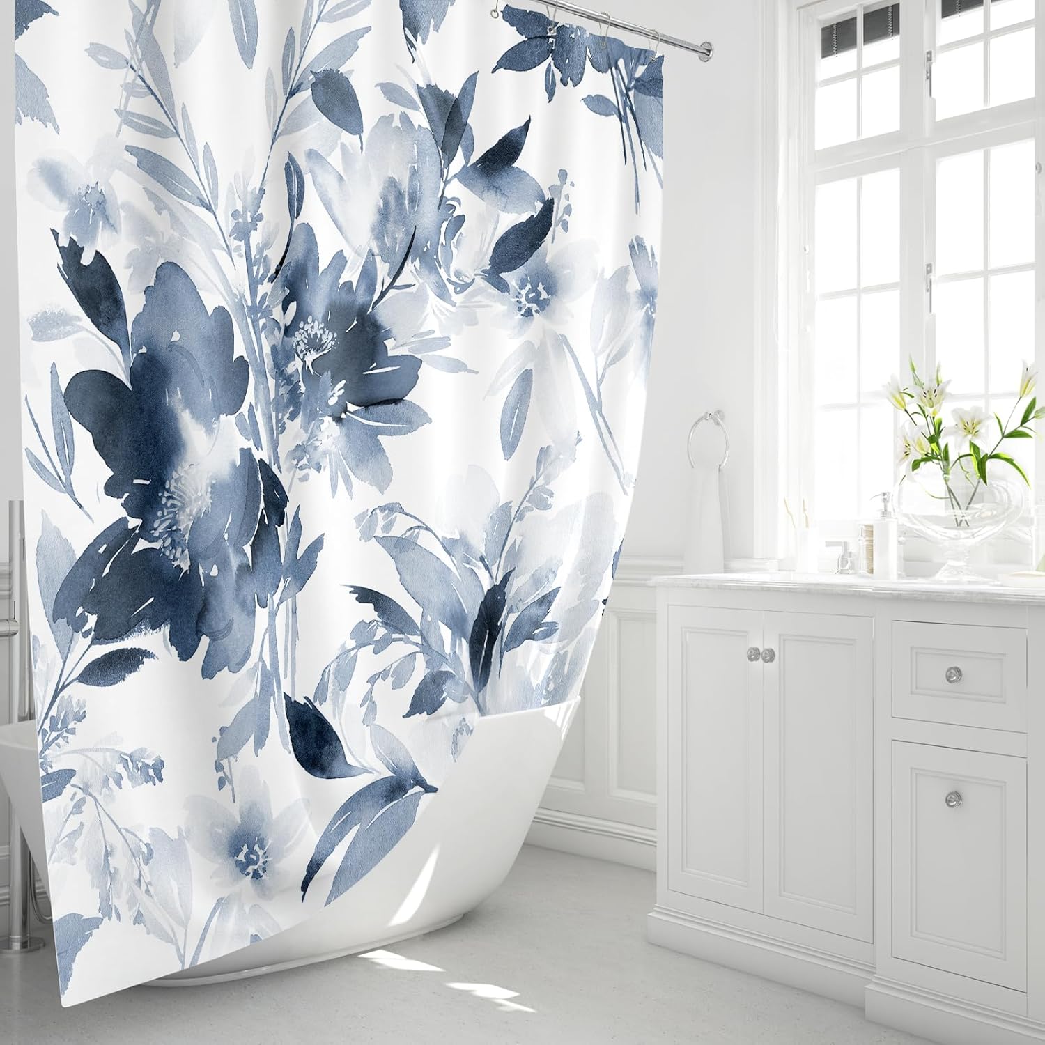 Extra Long Shower Curtain 72 x 84 Inch, Tall Watercolor Floral Fabric Shower Curtain, Modern Abstract Navy Blue Flower Bathroom Shower Curtain Set with Hooks - Image 2