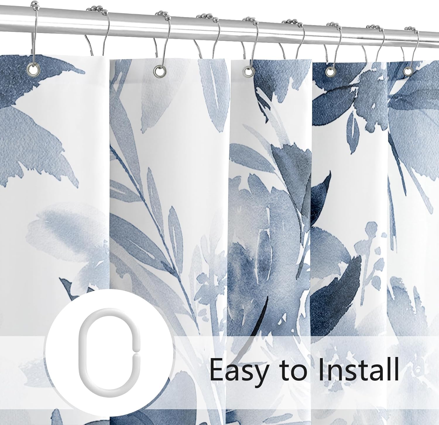 Extra Long Shower Curtain 72 x 84 Inch, Tall Watercolor Floral Fabric Shower Curtain, Modern Abstract Navy Blue Flower Bathroom Shower Curtain Set with Hooks - Image 6