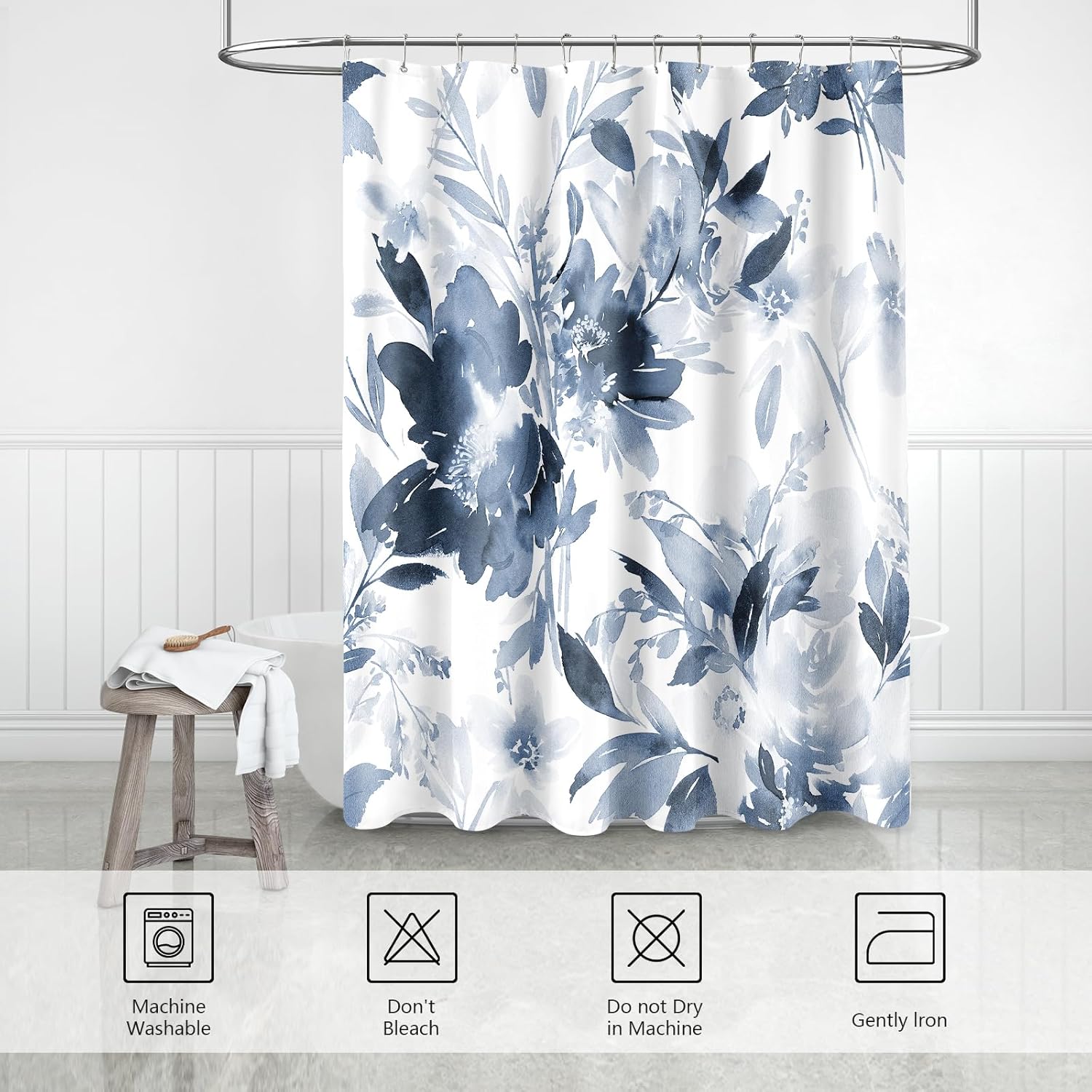 Extra Long Shower Curtain 72 x 84 Inch, Tall Watercolor Floral Fabric Shower Curtain, Modern Abstract Navy Blue Flower Bathroom Shower Curtain Set with Hooks - Image 7