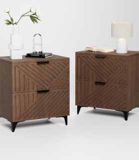 Fluted Nightstand Set of 2 with 2 Drawers, Side End Table, Small Accent Storage Cabinet,Modern Night Stand Bedside Table for Bedroom, Brown