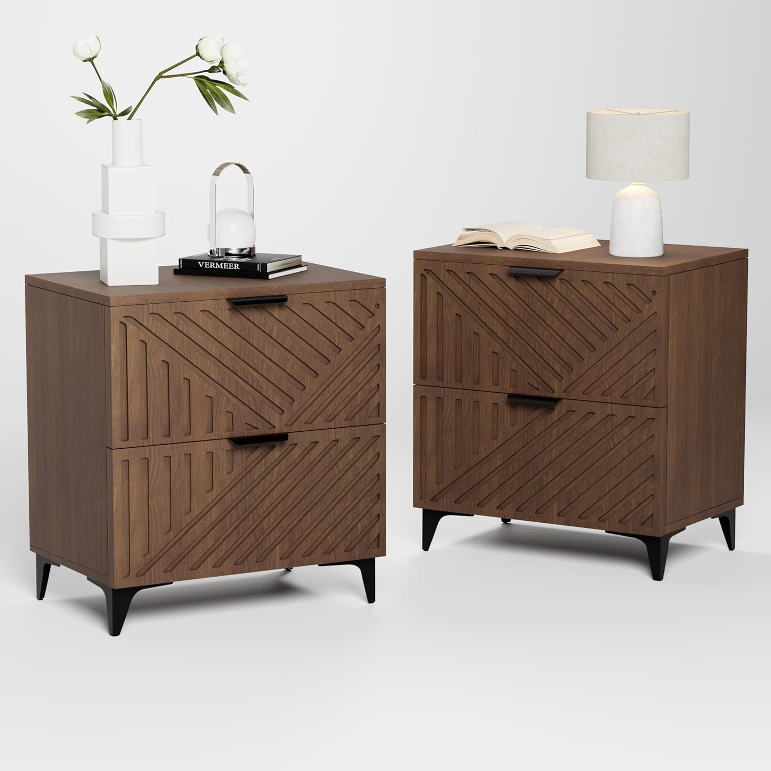 Fluted Nightstand Set of 2 with 2 Drawers, Side End Table, Small Accent Storage Cabinet,Modern Night Stand Bedside Table for Bedroom, Brown