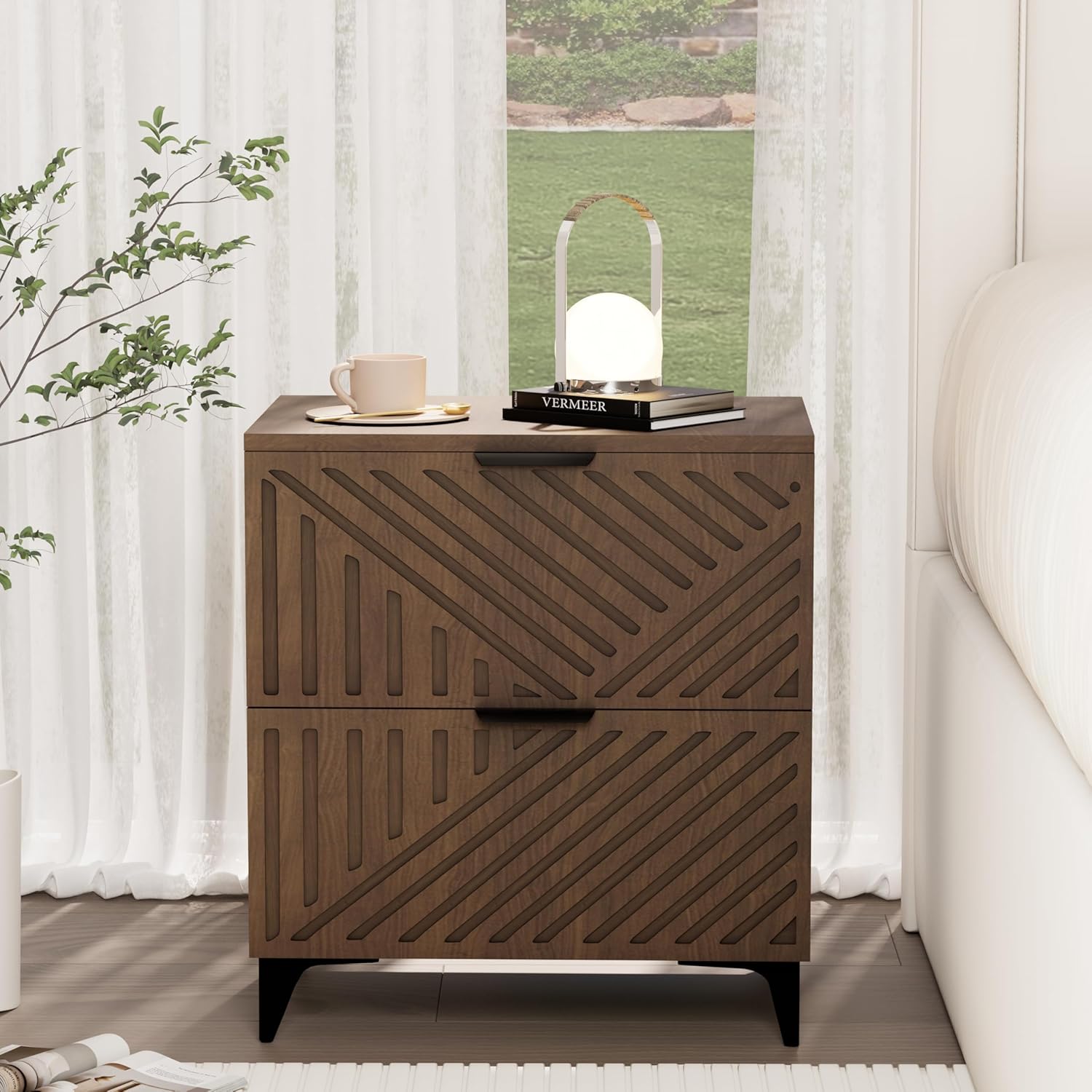 Fluted Nightstand Set of 2 with 2 Drawers, Side End Table, Small Accent Storage Cabinet,Modern Night Stand Bedside Table for Bedroom, Brown - Image 2