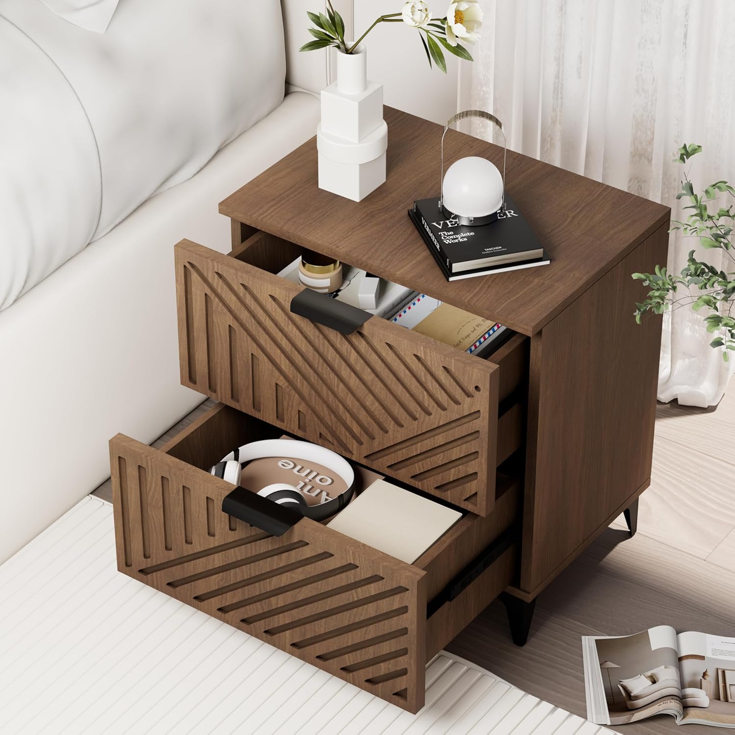 Fluted Nightstand Set of 2 with 2 Drawers, Side End Table, Small Accent Storage Cabinet,Modern Night Stand Bedside Table for Bedroom, Brown - Image 4