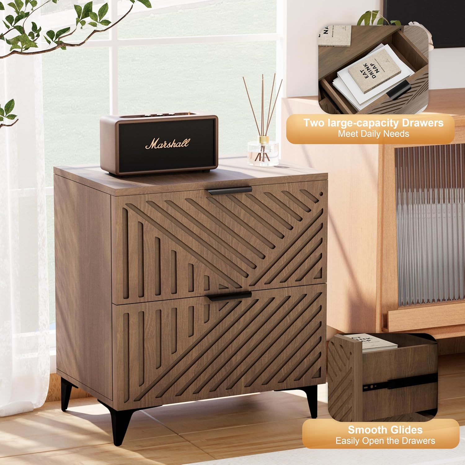 Fluted Nightstand Set of 2 with 2 Drawers, Side End Table, Small Accent Storage Cabinet,Modern Night Stand Bedside Table for Bedroom, Brown - Image 7