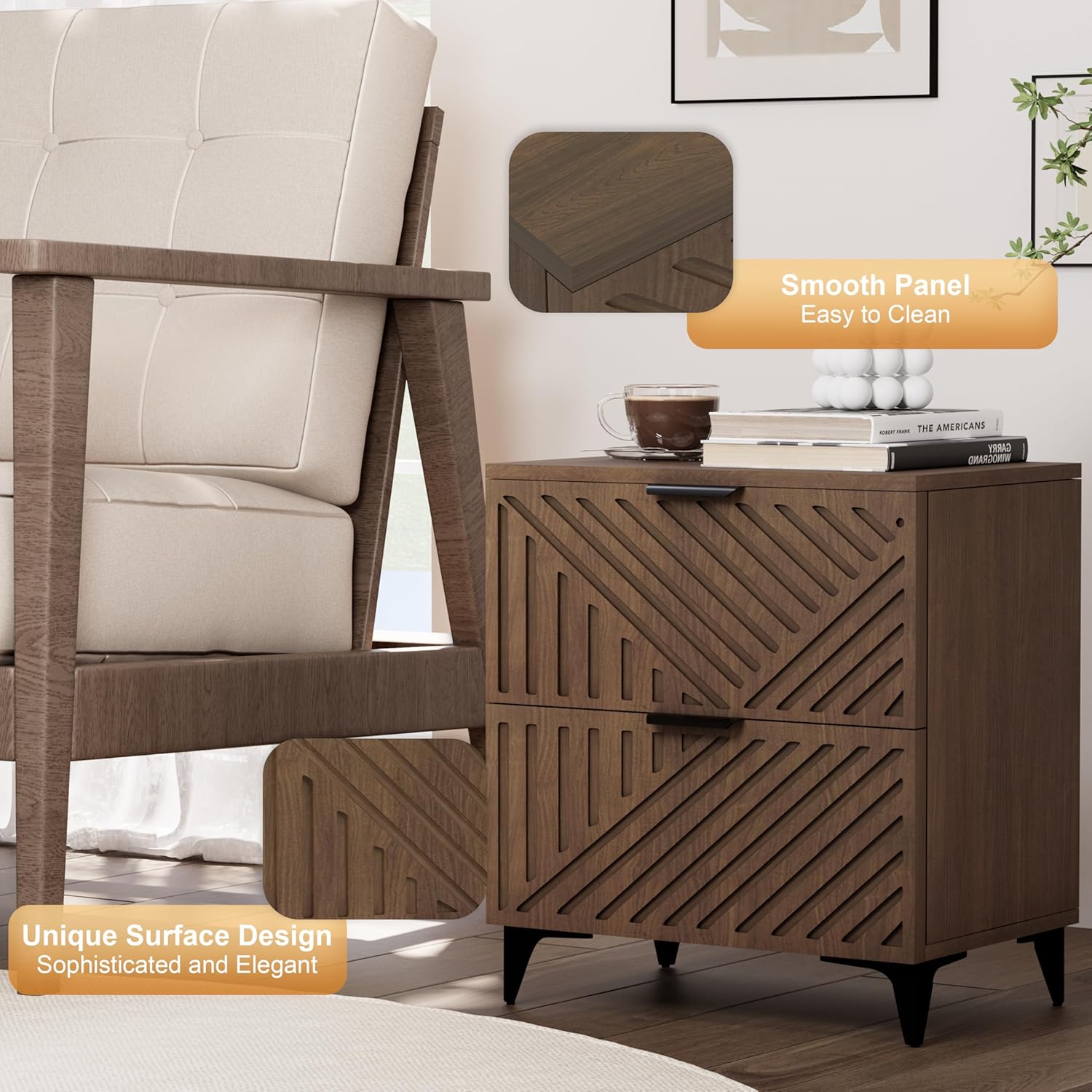 Fluted Nightstand Set of 2 with 2 Drawers, Side End Table, Small Accent Storage Cabinet,Modern Night Stand Bedside Table for Bedroom, Brown - Image 9