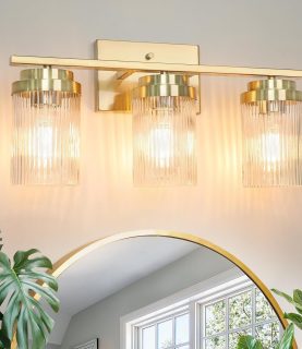 Gold Bathroom Light Fixtures 3 Lights Vanity Light with Grooved Glass Shade Vanity Lights for Bathroom Vanity Lighting Fixtures Wall Mount | Brushed Gold Lights Over Mirror