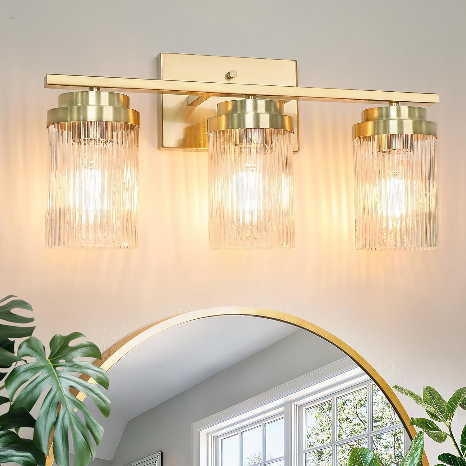 Gold Bathroom Light Fixtures 3 Lights Vanity Light with Grooved Glass Shade Vanity Lights for Bathroom Vanity Lighting Fixtures Wall Mount | Brushed Gold Lights Over Mirror