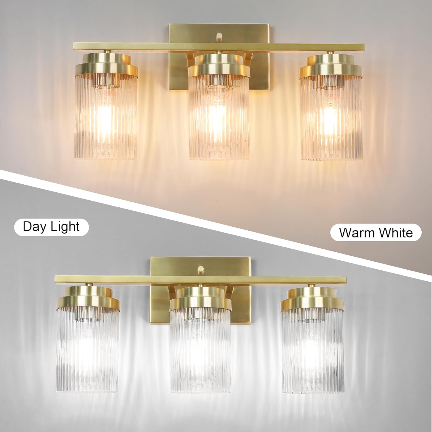 Gold Bathroom Light Fixtures 3 Lights Vanity Light with Grooved Glass Shade Vanity Lights for Bathroom Vanity Lighting Fixtures Wall Mount | Brushed Gold Lights Over Mirror - Image 2