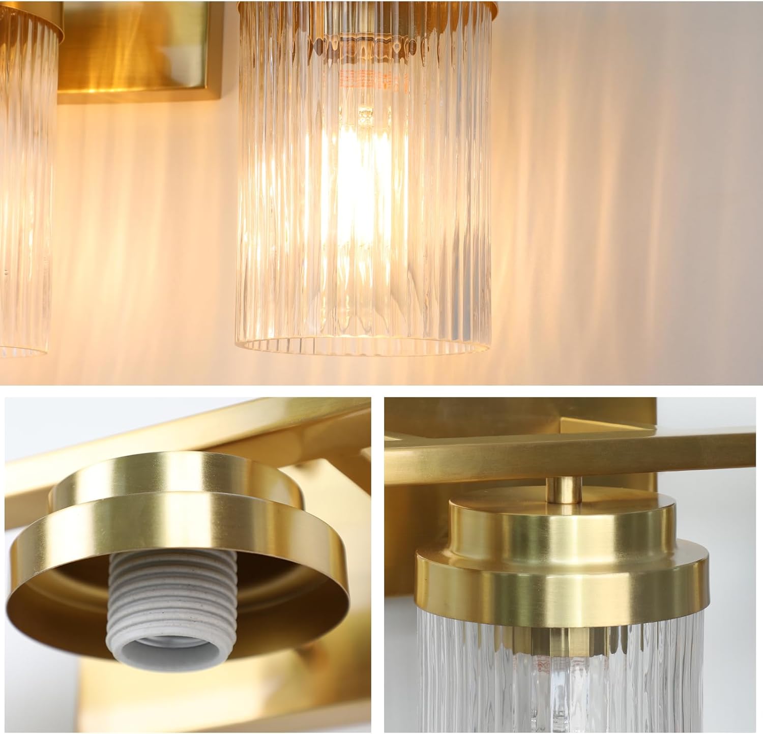 Gold Bathroom Light Fixtures 3 Lights Vanity Light with Grooved Glass Shade Vanity Lights for Bathroom Vanity Lighting Fixtures Wall Mount | Brushed Gold Lights Over Mirror - Image 3