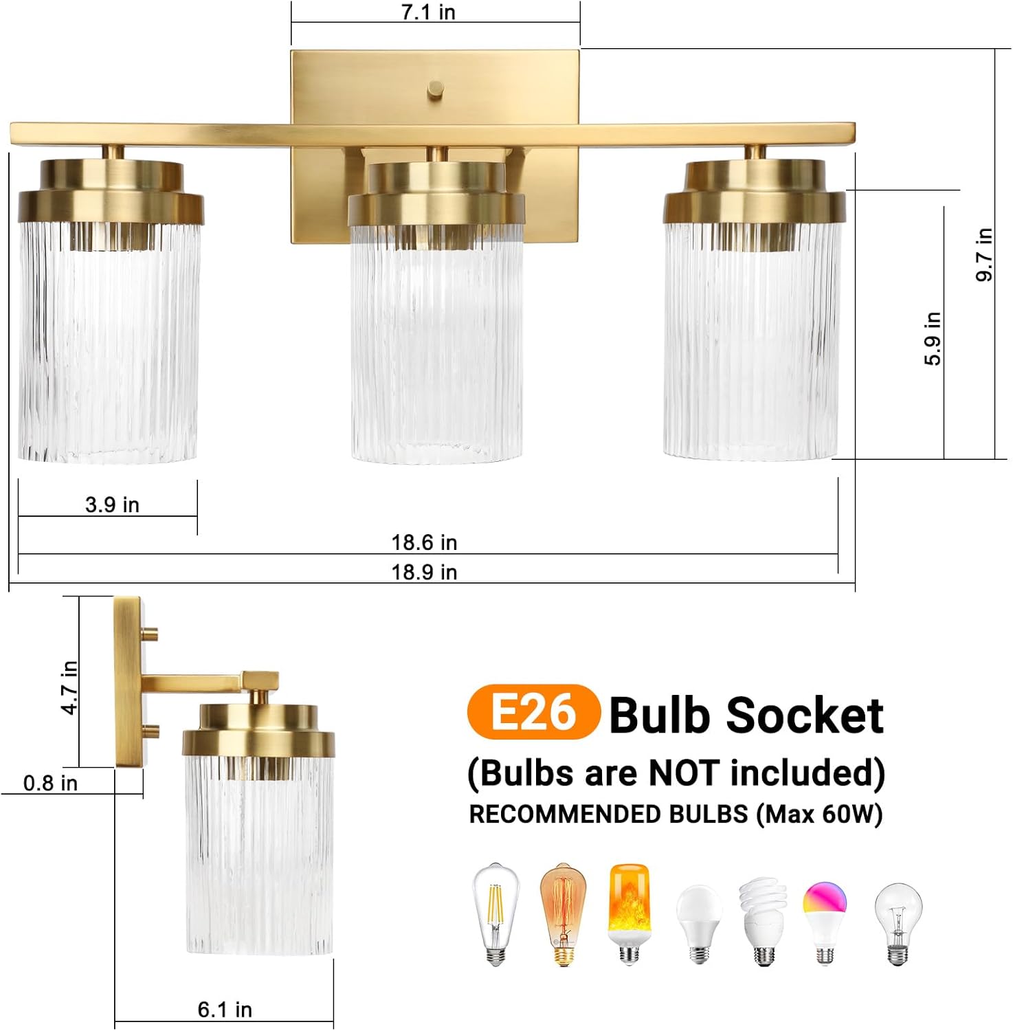Gold Bathroom Light Fixtures 3 Lights Vanity Light with Grooved Glass Shade Vanity Lights for Bathroom Vanity Lighting Fixtures Wall Mount | Brushed Gold Lights Over Mirror - Image 4
