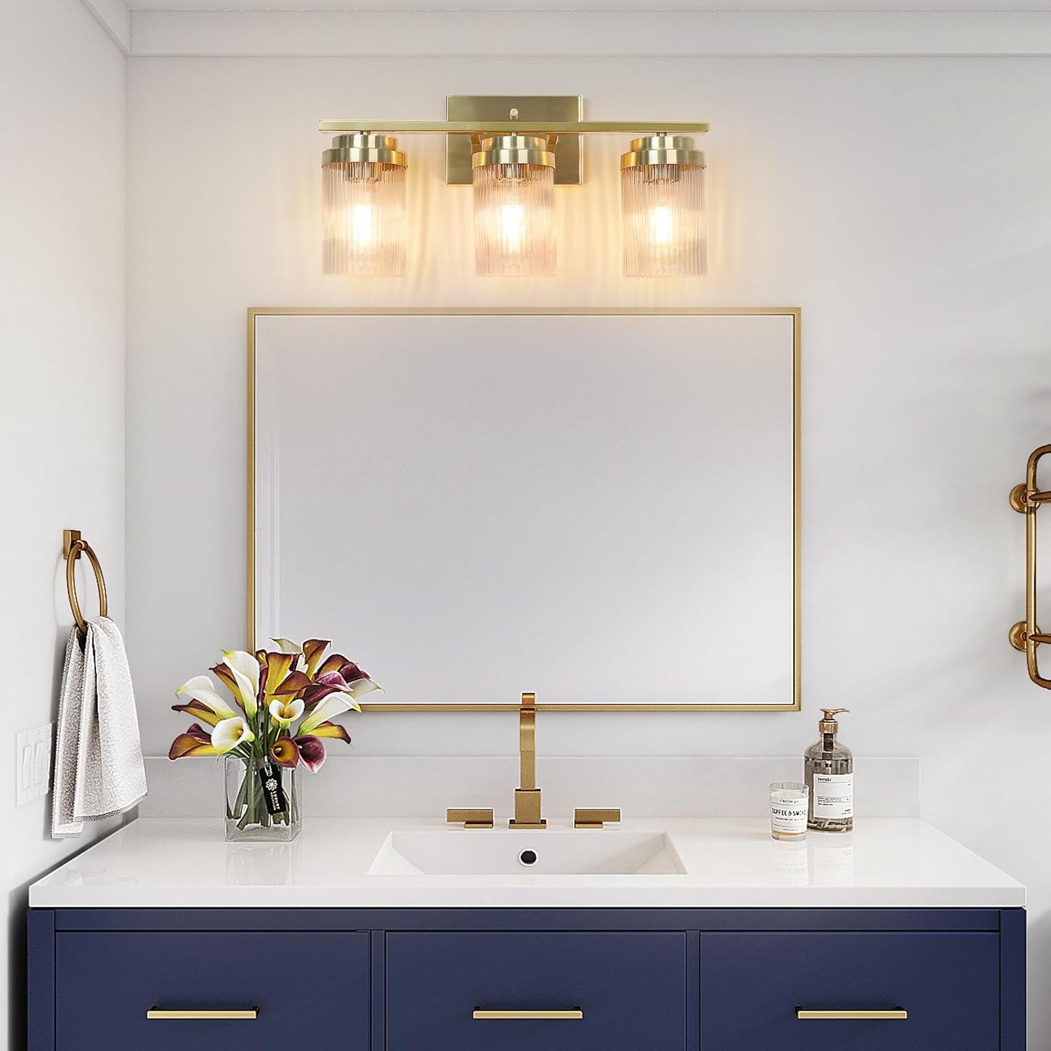 Gold Bathroom Light Fixtures 3 Lights Vanity Light with Grooved Glass Shade Vanity Lights for Bathroom Vanity Lighting Fixtures Wall Mount | Brushed Gold Lights Over Mirror - Image 6