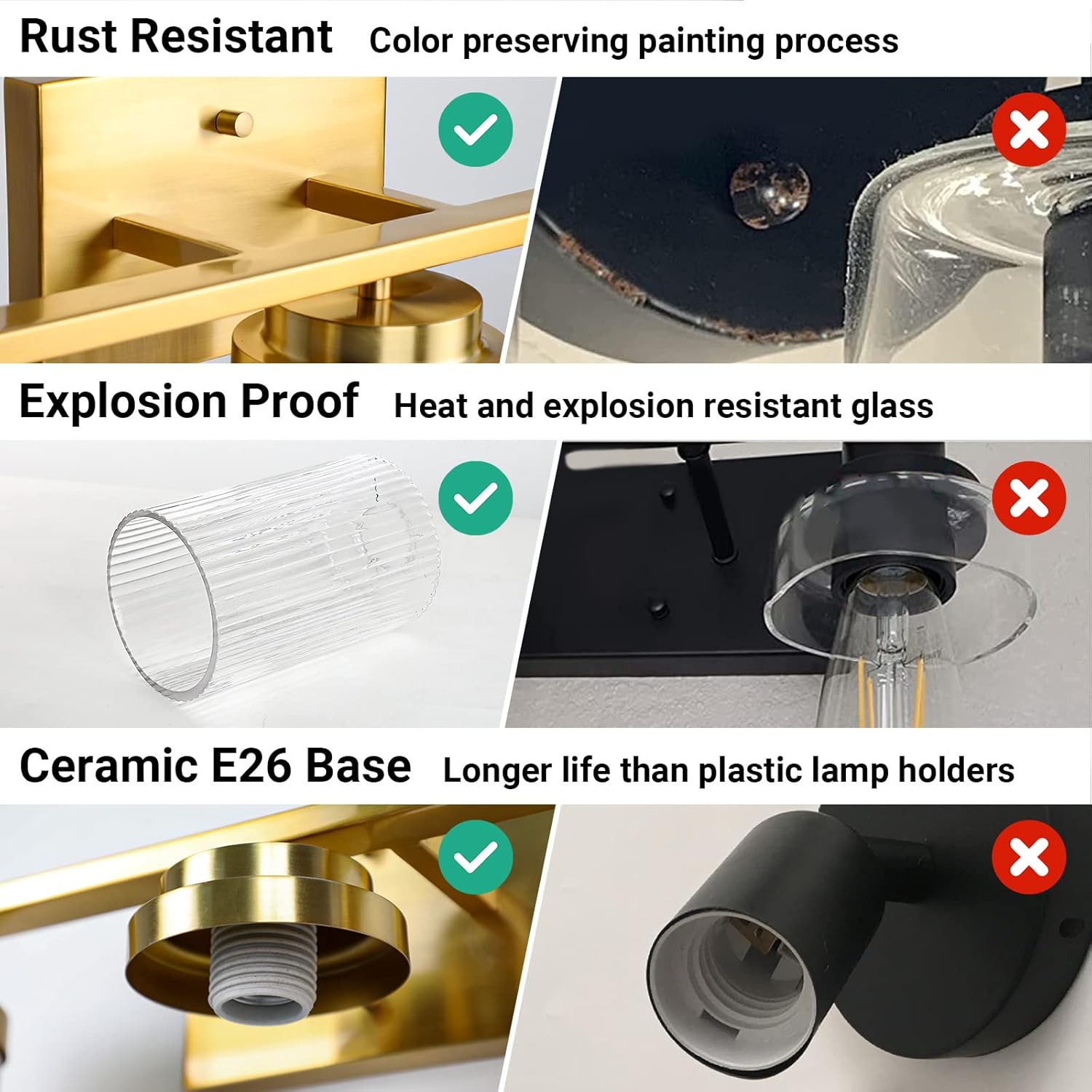 Gold Bathroom Light Fixtures 3 Lights Vanity Light with Grooved Glass Shade Vanity Lights for Bathroom Vanity Lighting Fixtures Wall Mount | Brushed Gold Lights Over Mirror - Image 7