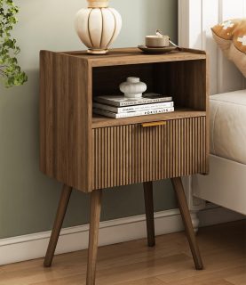 Nightstand,Modern Bedside Table with Storage Drawer and Open Wood Shelf, for Living Room, Bedroom and Small Spaces, Accent Night Stand with Solid Wood Legs, Easy Assembly,Walnut Brown